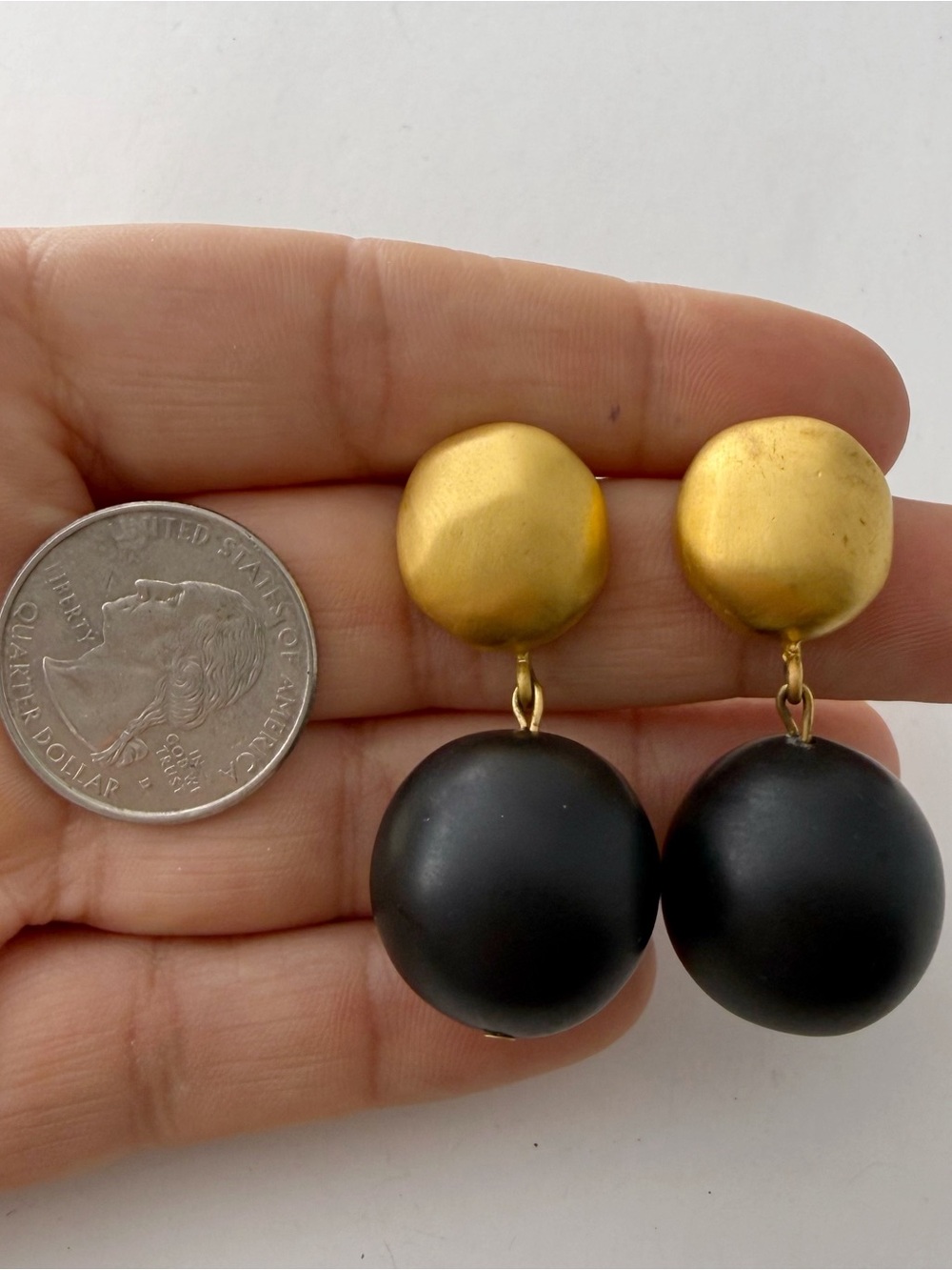 Vintage Givenchy Signed Matte Brushed Goldtone Black Double Ball Dangle Earrings - Picture 2 of 8